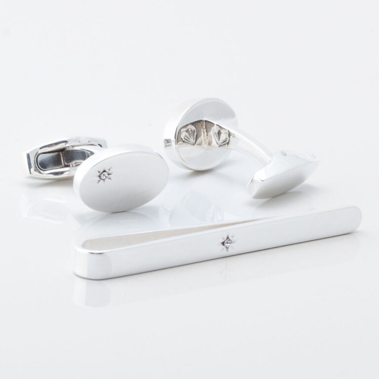 STERLING SILVER DIAMOND TIE BAR & CUFFLINKS SET GALLERY