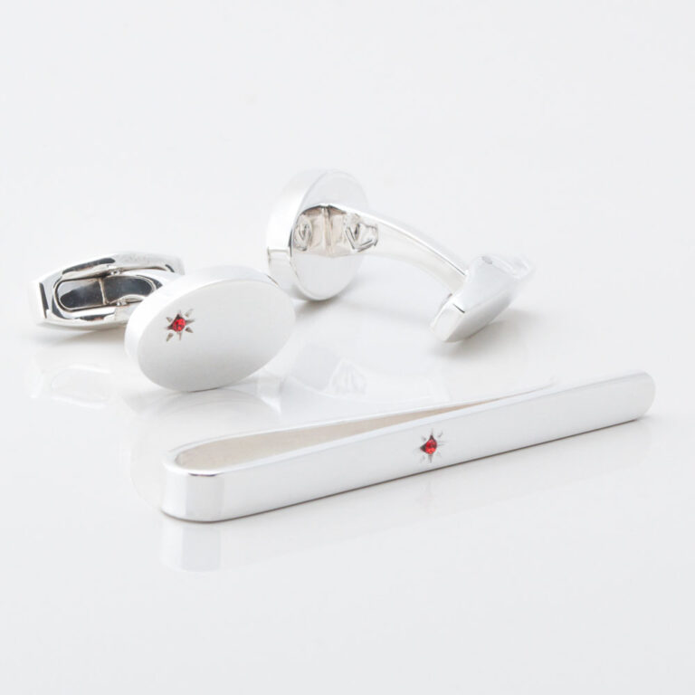 STERLING SILVER RUBY TIE BAR & CUFFLINKS SET GALLERY-0699