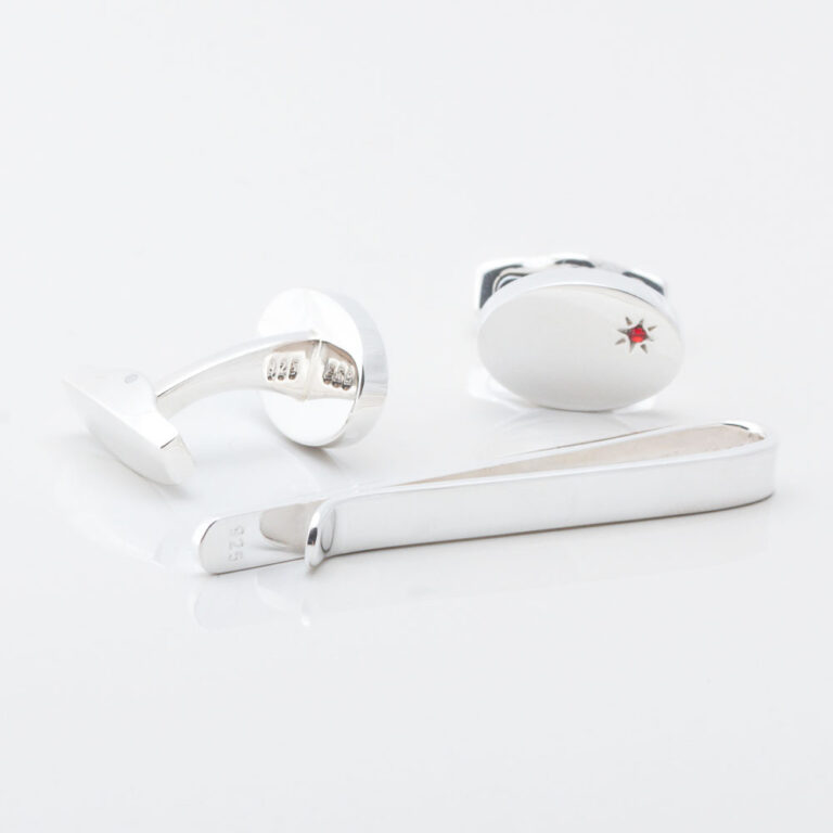 STERLING SILVER RUBY TIE BAR & CUFFLINKS SET GALLERY 2