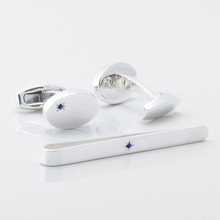 STERLING SILVER SAPPHIRE TIE BAR & CUFFLINKS SET GALLERY