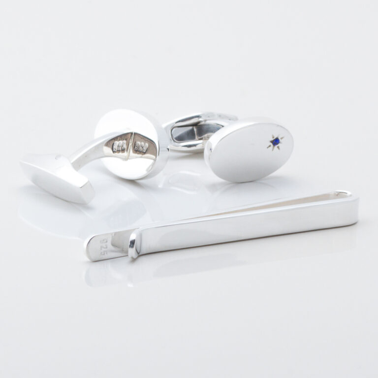 STERLING SILVER SAPPHIRE TIE BAR & CUFFLINKS SET GALLERY 2