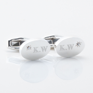 Sterling Silver Oval With Offset Diamond Engraved Cufflinks