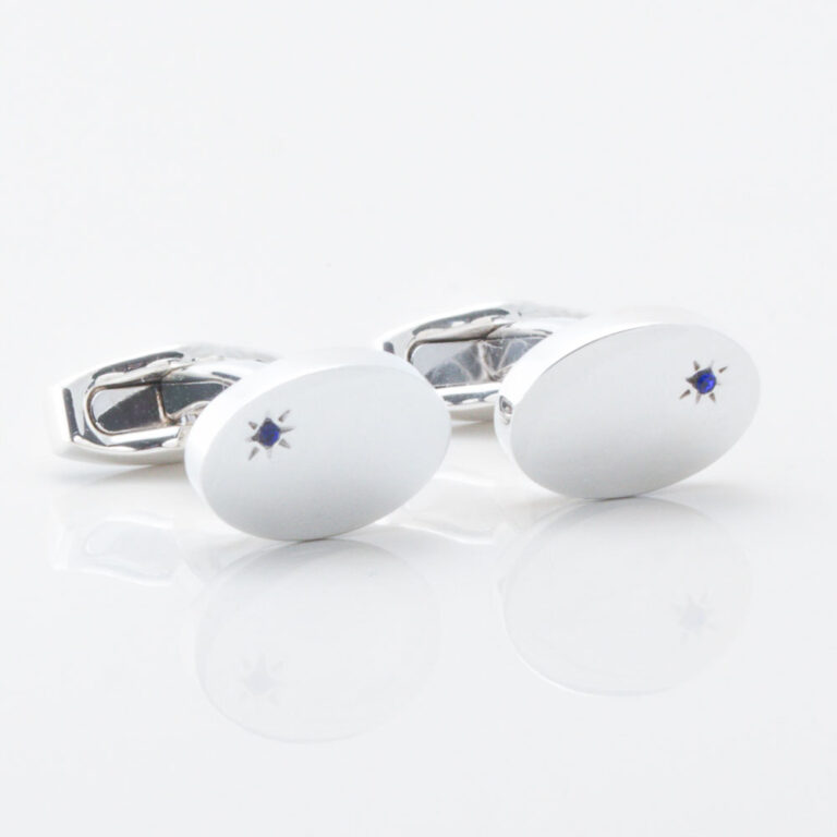 Sterling silver oval with offset sapphire engraved cufflinks gallery 2