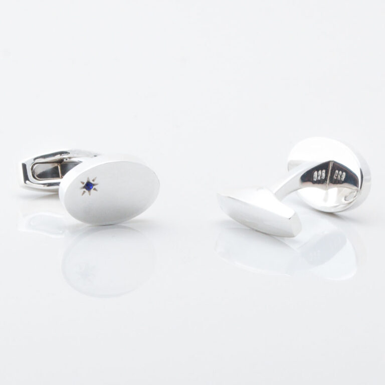 Sterling silver oval with offset sapphire cufflinks gallery 2