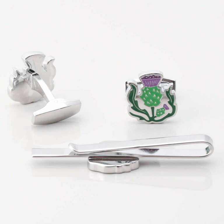 Enamel Scottish Thistle Cufflinks Tie Slide Set Gallery 1 of 1