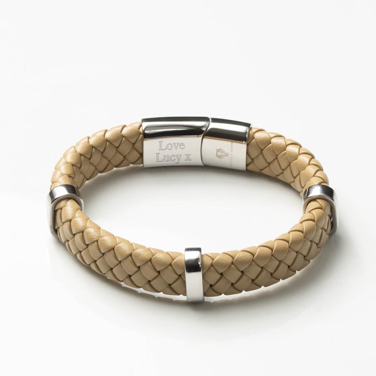 Beige-Leather-Braided-Bracelet-With-Loop-Detail-inside-engraved