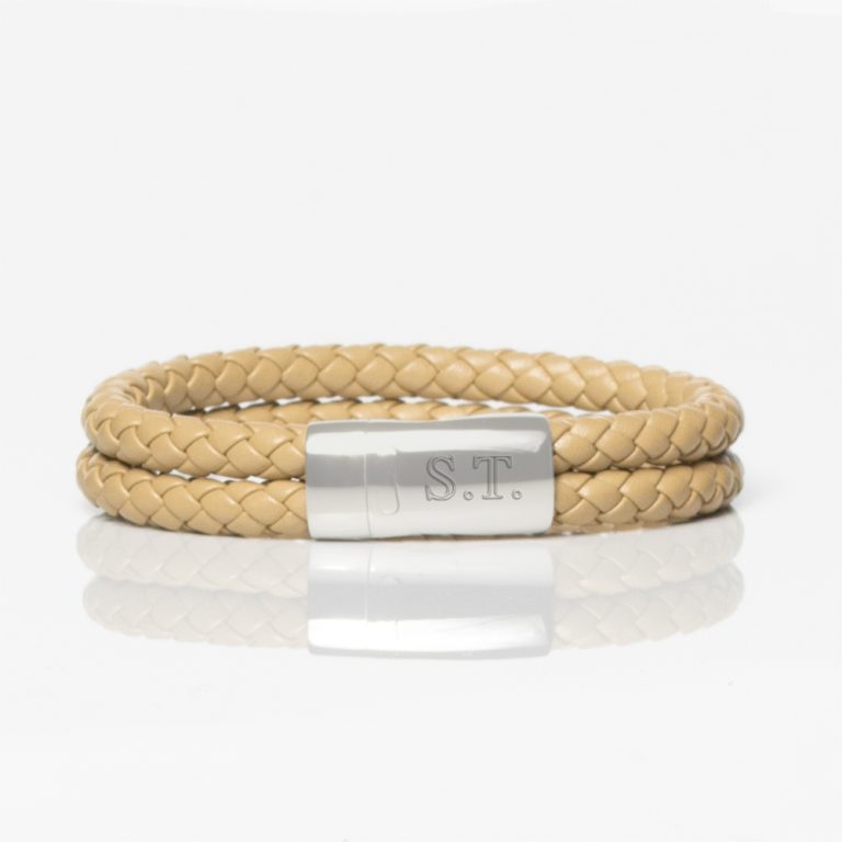 Beige-Leather-Double-Braided-Bracelet-front-engraved