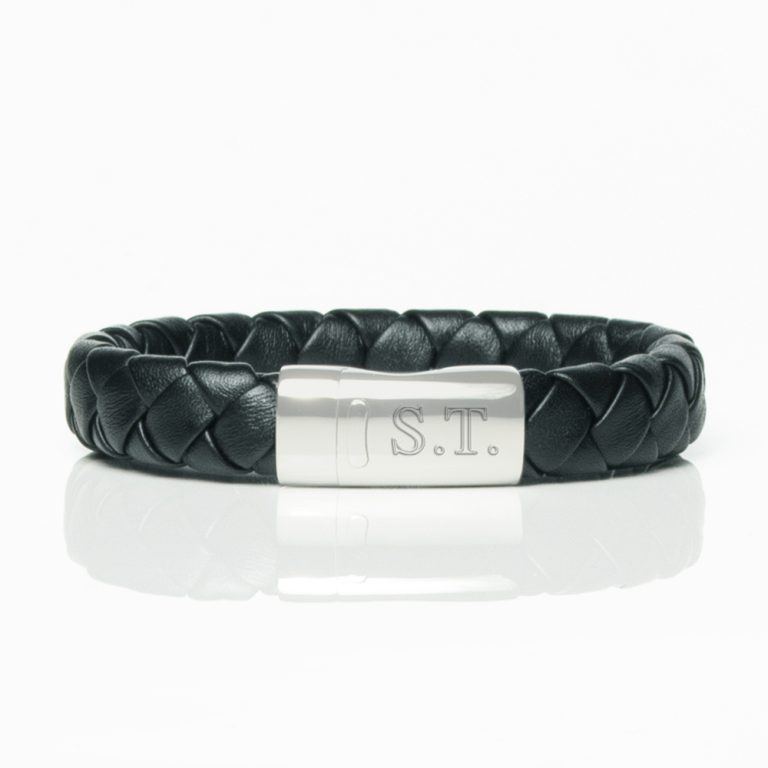 Black-Bold-Leather-Braided-Bracelet-front-engraved