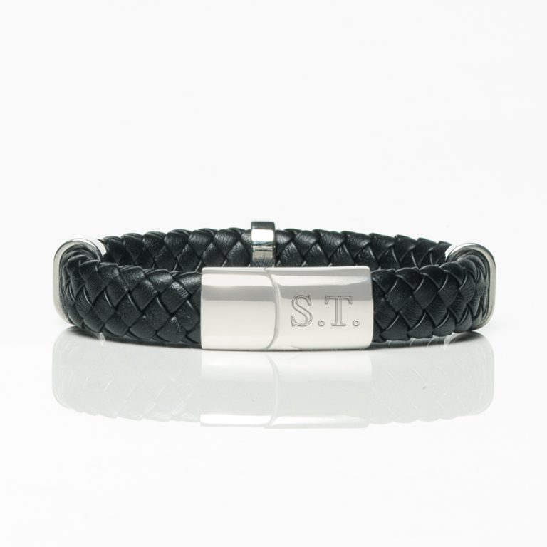 Black-Leather-Braided-Bracelet-With-Loop-Detail-front-engraved