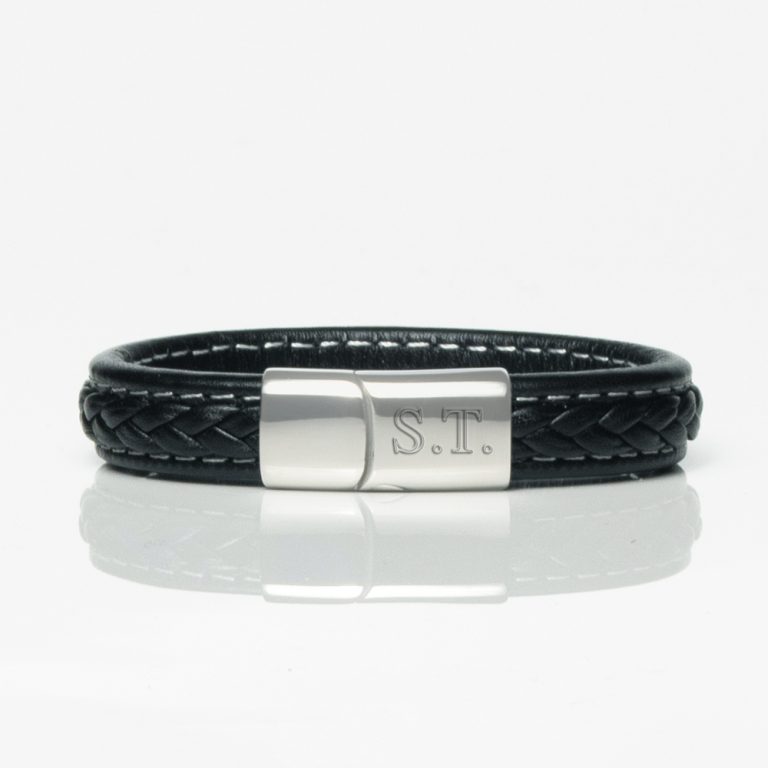 Black-Quilted-Style-Leather-Bracelet-front-engraved