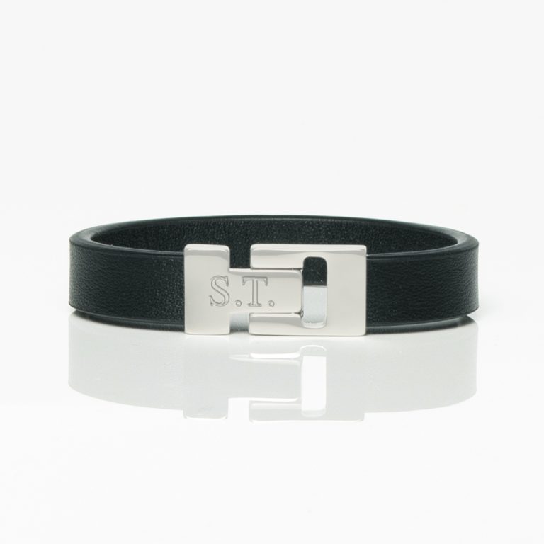 Black-Smooth-Textured-Leather-Bracelet-front-engraved
