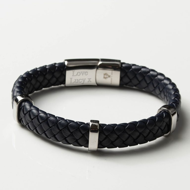 Navy-Leather-Braided-Bracelet-With-Loop-Detail-inside-engraved