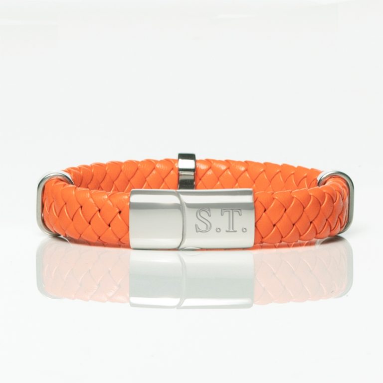Orange-Leather-Braided-Bracelet-With-Loop-Detail-front-engraved