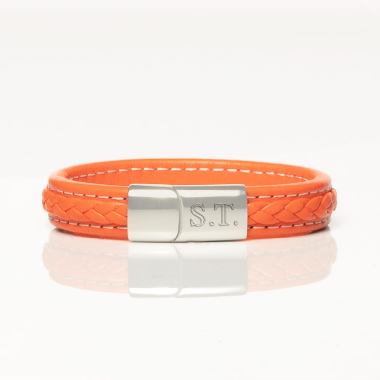 Orange-Quilted-Style-Leather-Bracelet-front-engraved