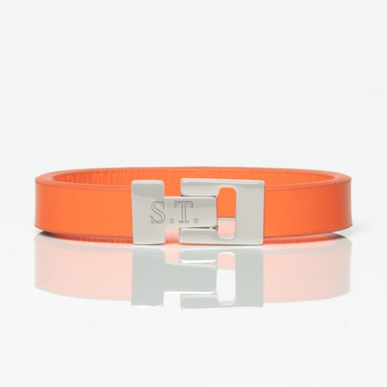 Orange-Smooth-Textured-Leather-Bracelet-front-engraved