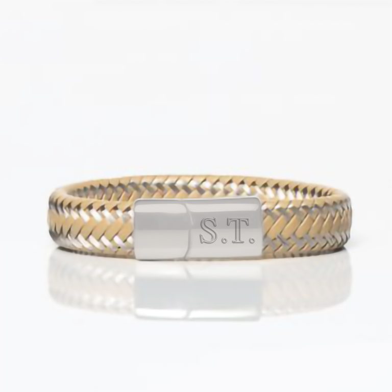 Two-Tone-Beige-Woven-Leather-Bracelet-front-engraved