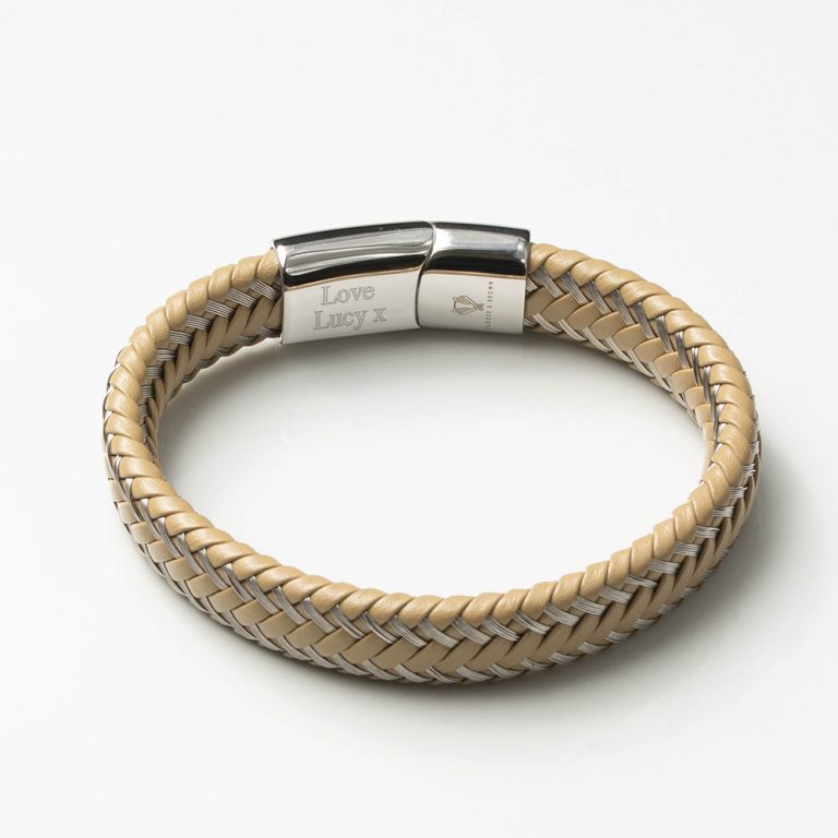 Two-Tone-Beige-Woven-Leather-Bracelet-inside-engraved
