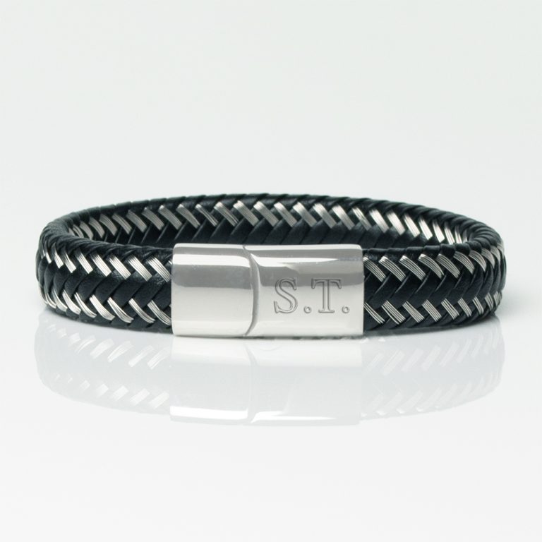 Two-Tone-Black-Woven-Leather-Bracelet-front-engraved