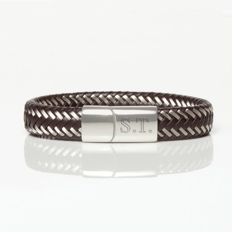 Two-Tone-Brown-Woven-Leather-Bracelet-front-engraved