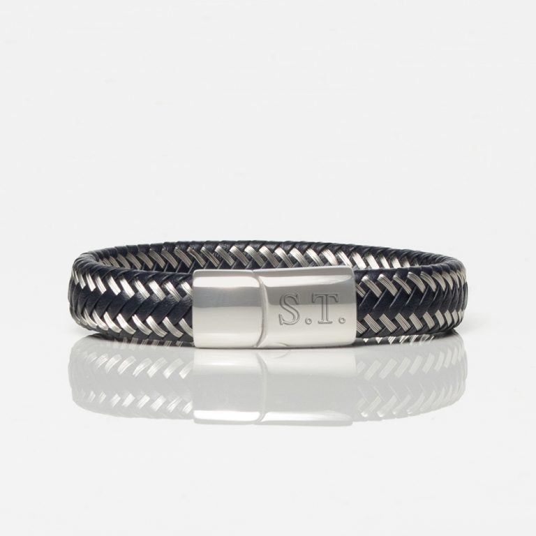 Two-Tone-Navy-Woven-Leather-Bracelet-front-engraved