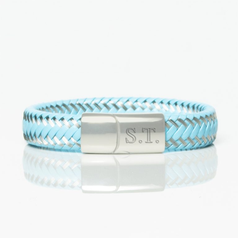 Two-Tone-Steel-Blue-Woven-Leather-Bracelet-front-engraved