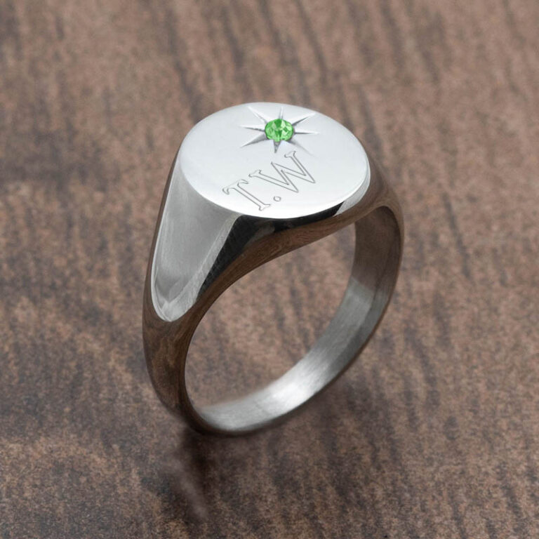 Silver-Engraved-Initial-Signet-Ring-with-Peridot
